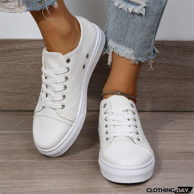 Cute Round Toe Lace Up Cartoon Print Canvas Loafers for Women