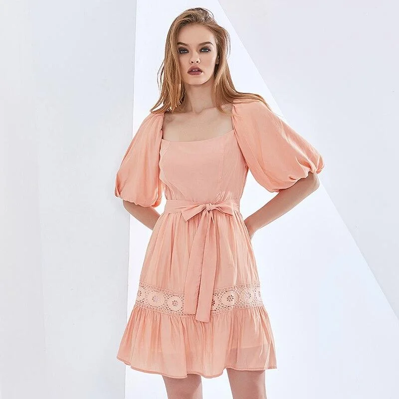 ABEBEY Bow Elegant Women's Dress Square Collar Puff Sleeve High Waist Blet Dresses For Female Summer 2023 Womens Clothing
