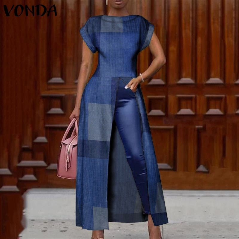 Elegant Party Shirts Women's Tunic Sexy Round Neck Patchwork Printed Tops VONDA 2022 Summer Office Ladies  Blouse Casual Blusas