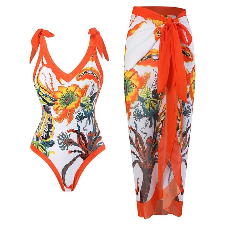Bow-tie Printed One Piece Swimsuit and Sarong