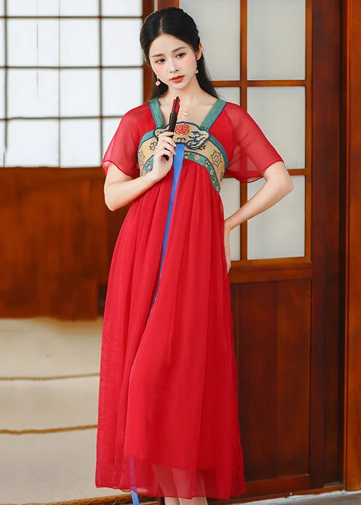 Red Wrinkled Patchwork Chiffon Long Dress Embroideried Short Sleeve