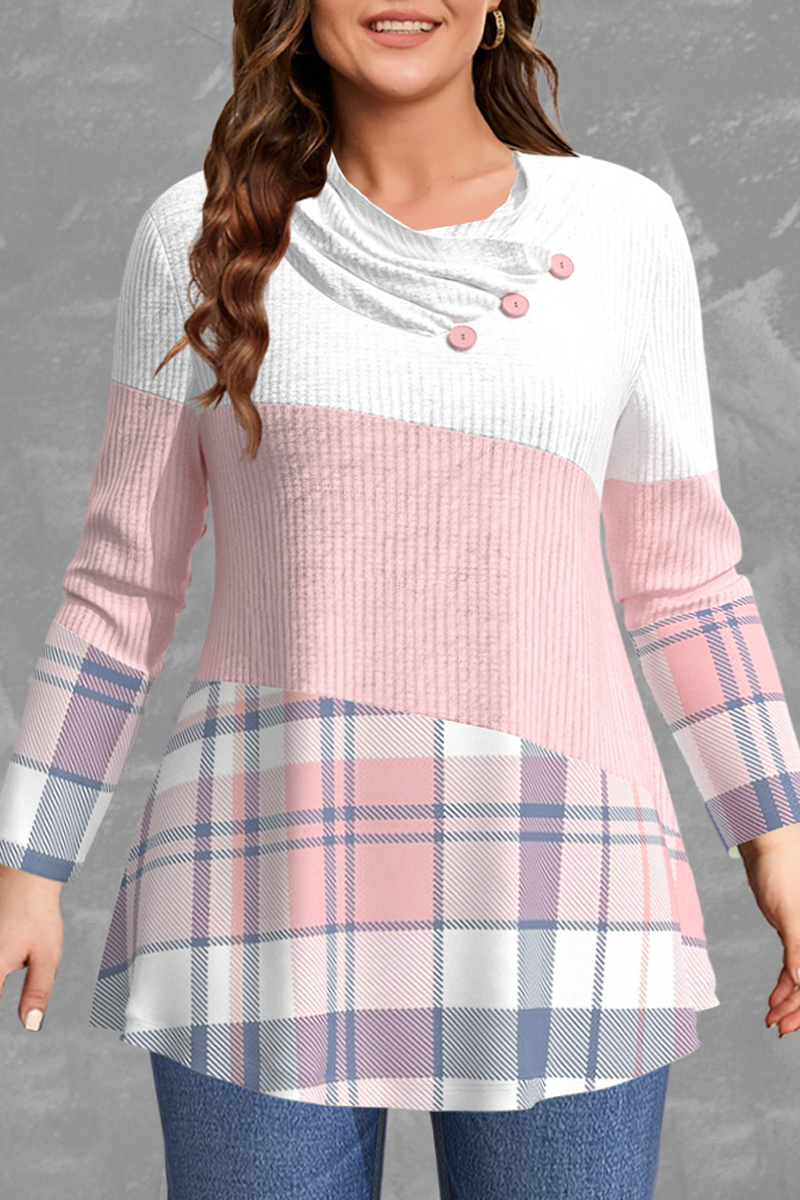 Flycurvy Plus Size Casual Pink Colorblock Plaid Print Cowl Neck Blouse 2024 - Flycurvy 
