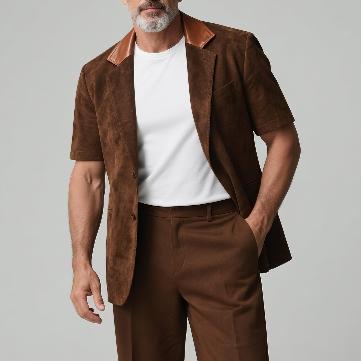 Men's PU Notch Lapel Suede Single Breasted Short Sleeve Blazer