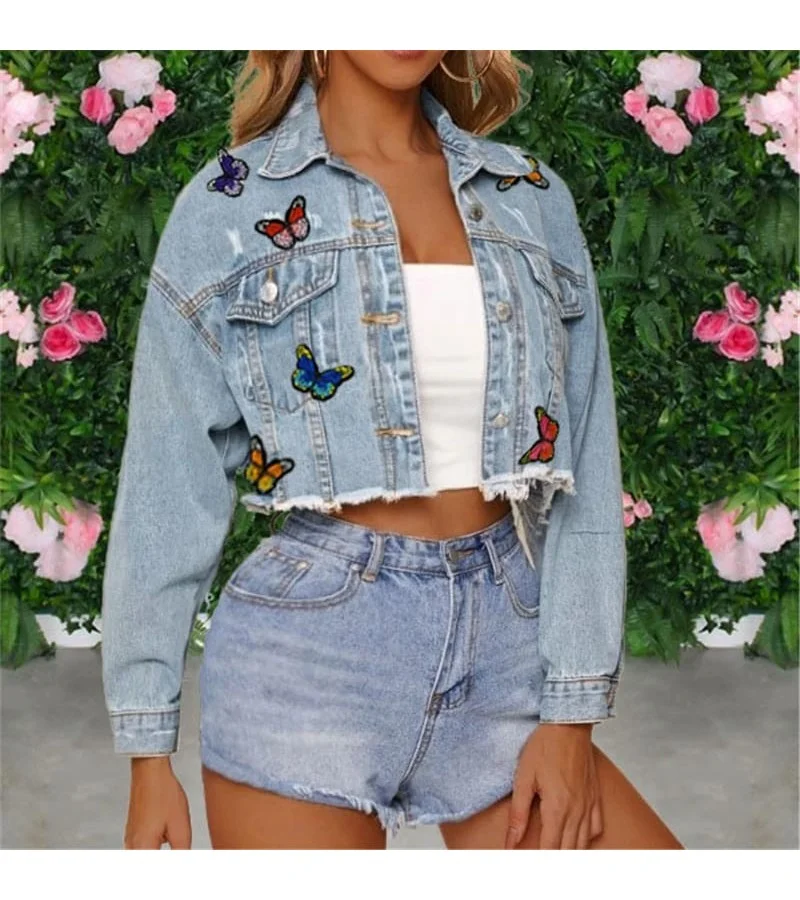 Women Fashion Butterfly Pattern Denim Jacket XS-L