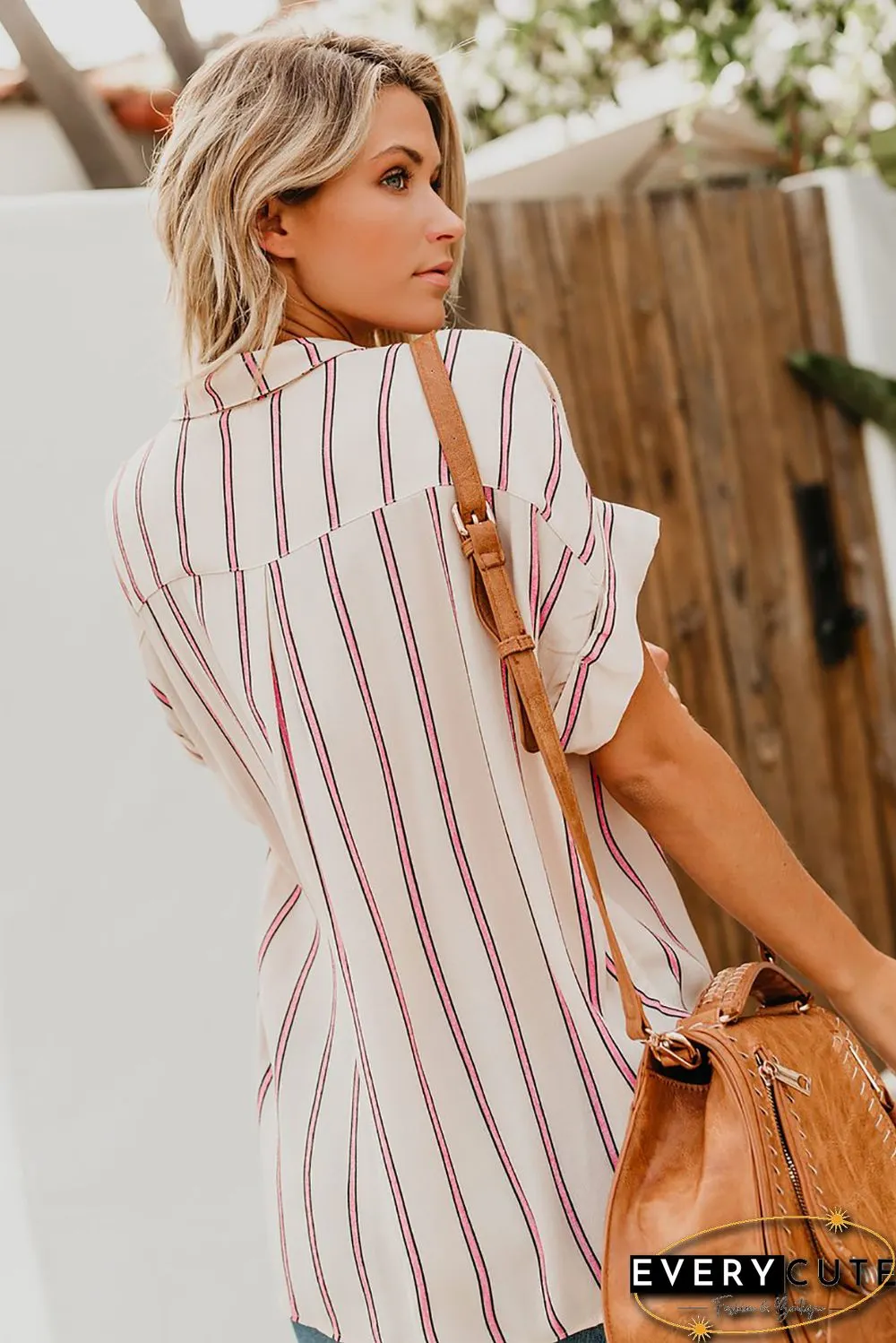 Pink Striped Short Sleeve Buttoned Pocket Shirt