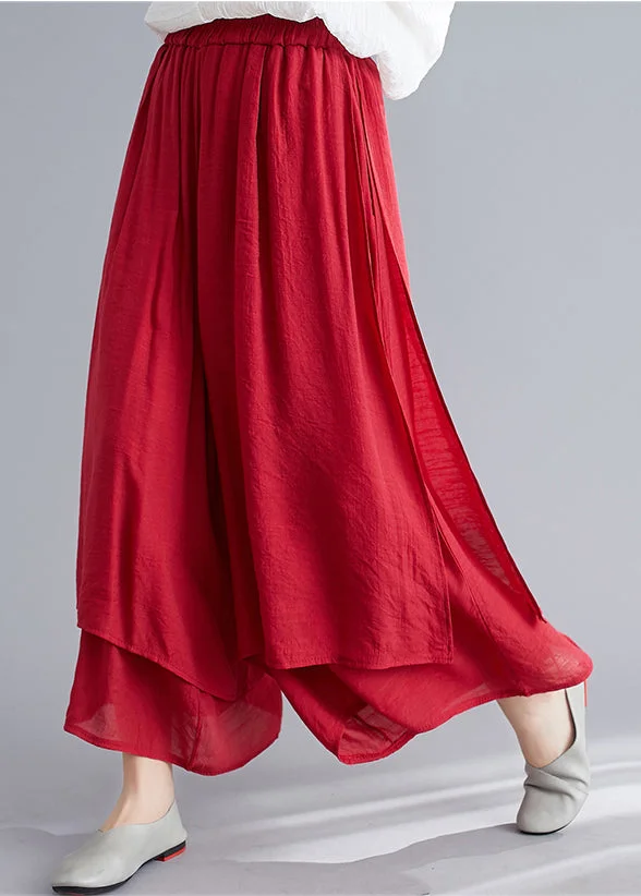 Style Red Elastic Waist Draping Linen Wide Leg Pants Summer