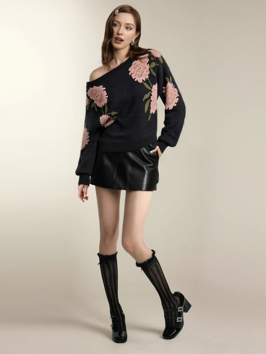 Nigikala Nigikala New Casual Long-Sleeved Sweater Flower Threaded Women's Knitting Top