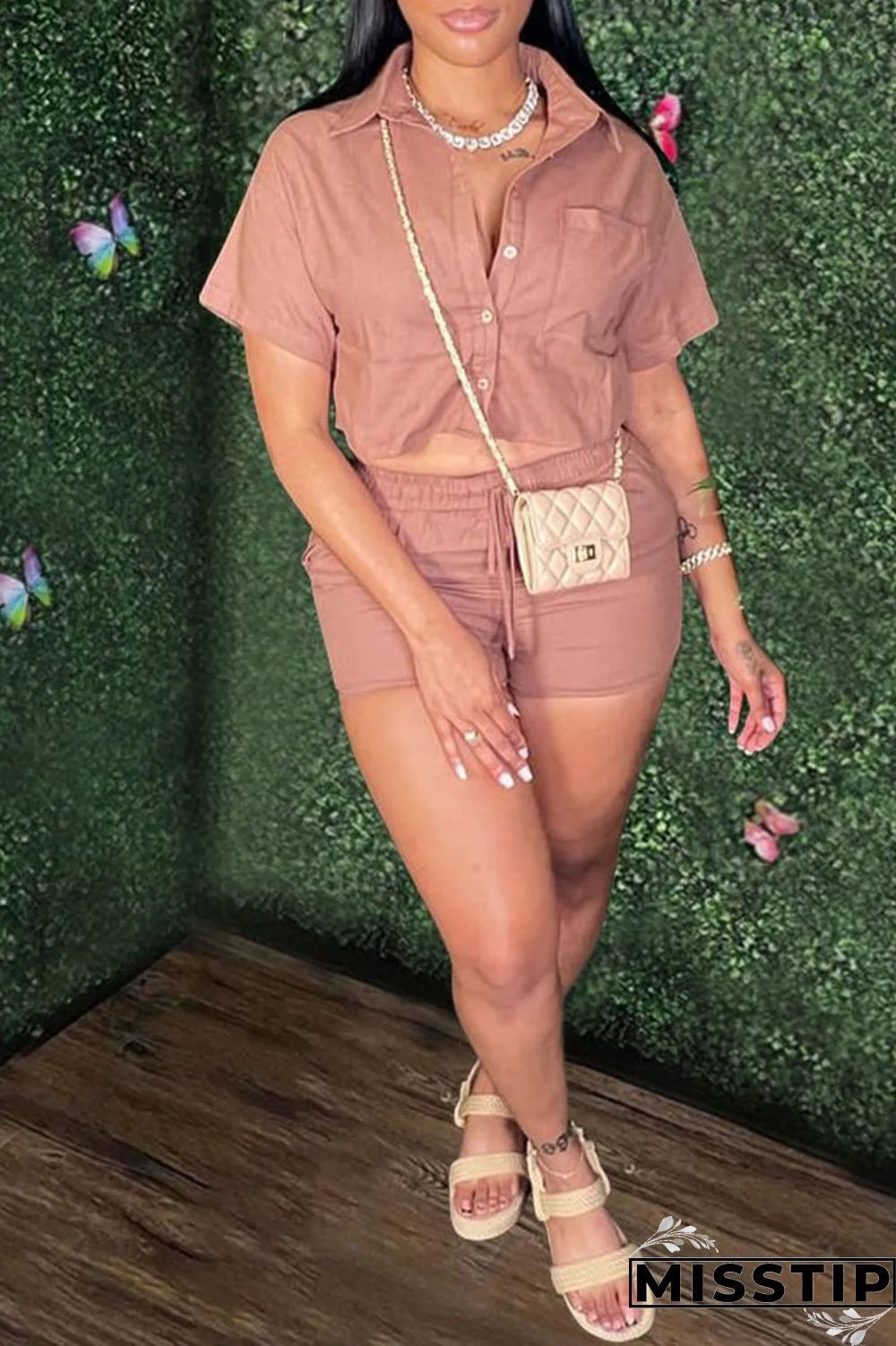 Cyan Casual Solid Patchwork Buckle Turndown Collar Short Sleeve Two Pieces