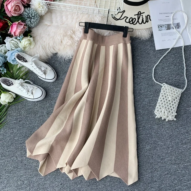 Women's Knit Skirt Striped Color Blocked Autumn High Waist elastic A-line Big Swing Skirts Japan Harajuku Female Falda LS147