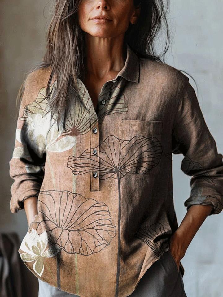 Women's Vintage Flower Art Print Casual Cotton And Linen Shirt