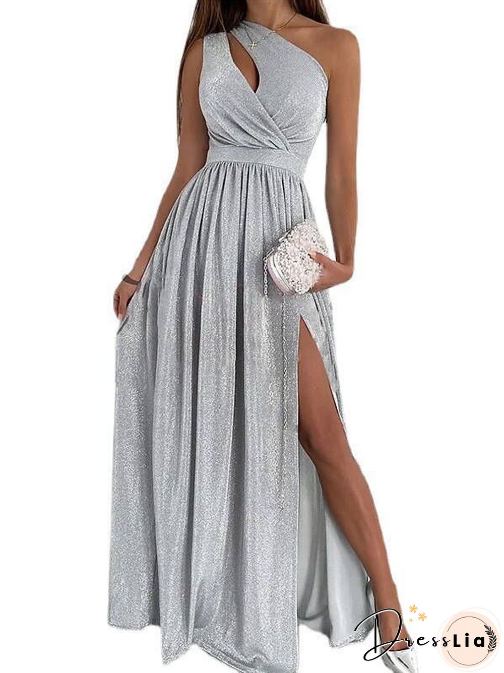 Elegant Hollow Split Chic Sexy Dresses Women Summer Dress New Sloping Shoulder Sleeveless Sparkling High Waist Long Dress