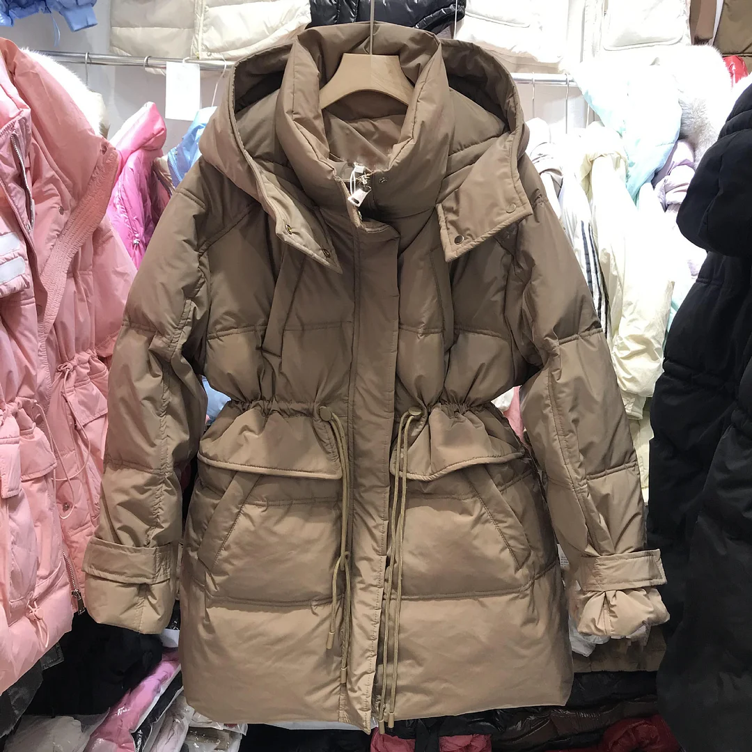 Woherb Down Jacket Female Long 2024 New Slim Tide Small Winter Hat Waist Rope Coat White Duck Down-Outfit Ideas