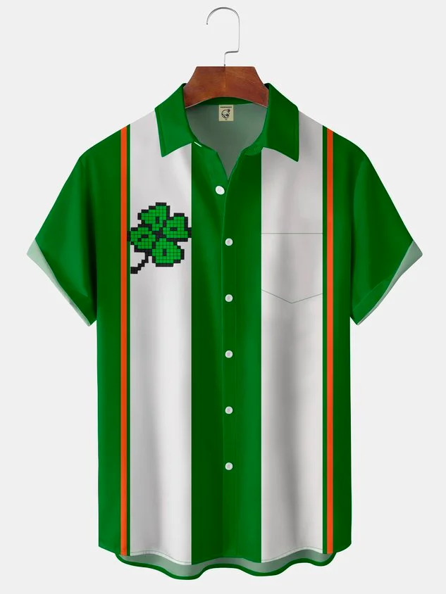 St Patricks Day Shamrock Pixel Chest Pocket Short Sleeve Bowling Shirt