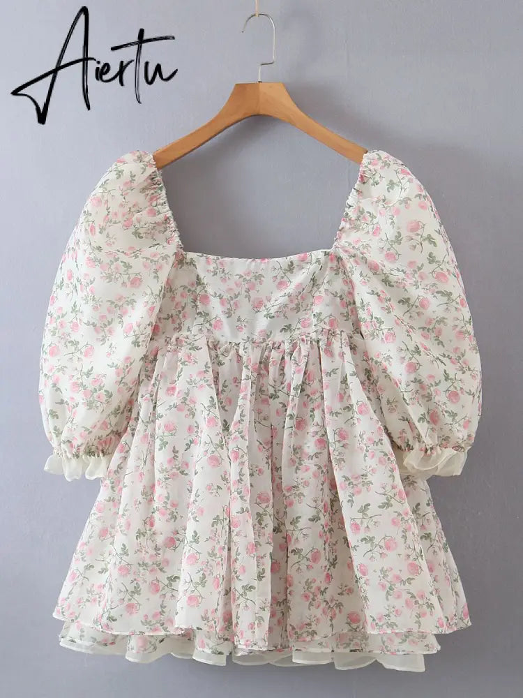 2 ways Wear Chiffon Floral Print Spliced Organza Ball Gown Dress Puff Sleeve Retro Women Swing Short Dresses Fairy Aiertu