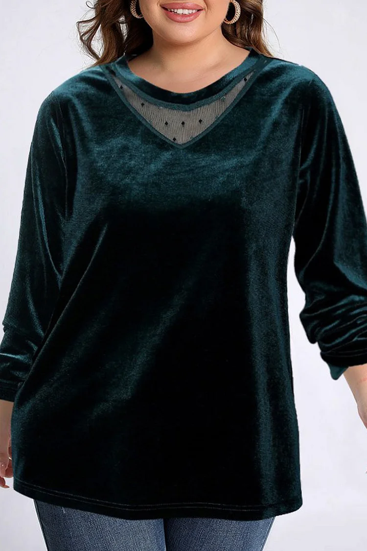 Flycurvy Plus Size Casual Dark Green Velvet Patchwork See-Through V Neck Blouses  Flycurvy [product_label]