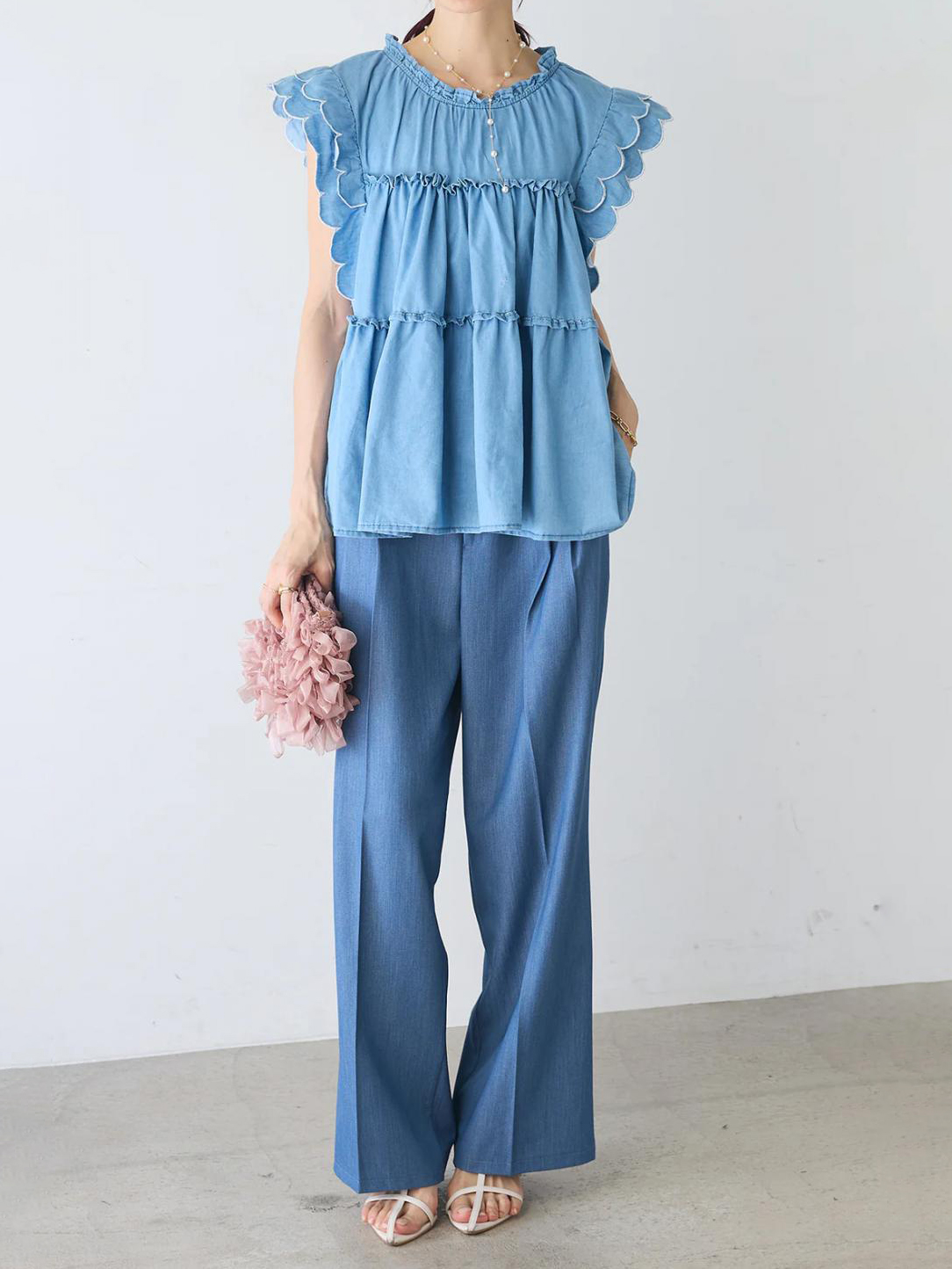 Ruffle Trim Round Neck Pleated Solid Color Top