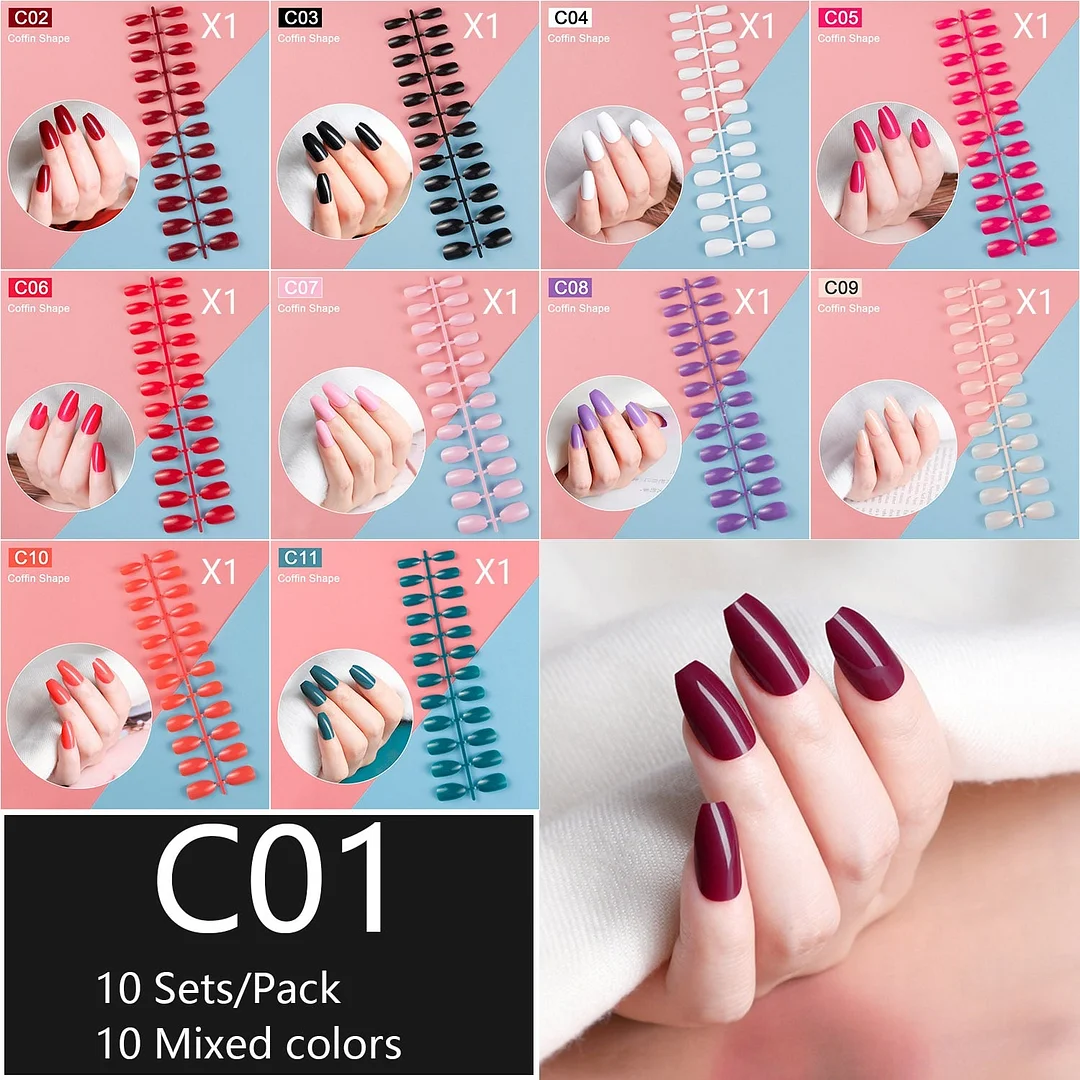 10 Sets/Pack Mixed Solid Colors Coffin Round Square Almond Shape False Nails Full Cover Nail Tips Short Fake Nails Tip Manicure-Nail Inspo
