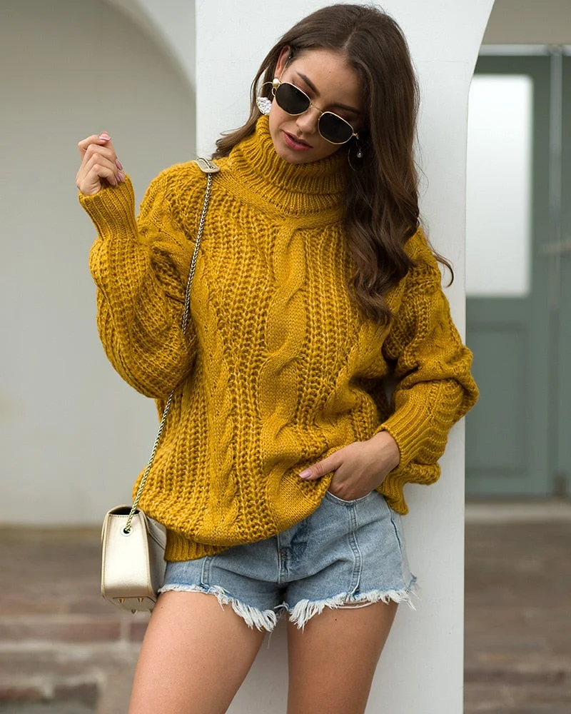 Winter Women Turtleneck Fall Sweater Loose Elegant Warm Knitted Pullovers Solid Knitwear Jumper Tops Sueter Mujer