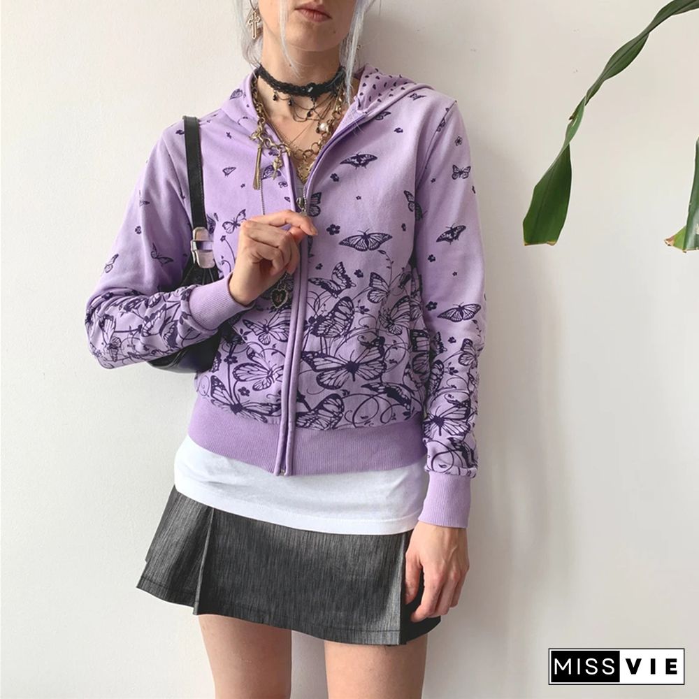 Butterfly Coat-Aesthetic Fairycore Grunge Long Sleeve Crop Tops Y2k Women Hooded Jacket