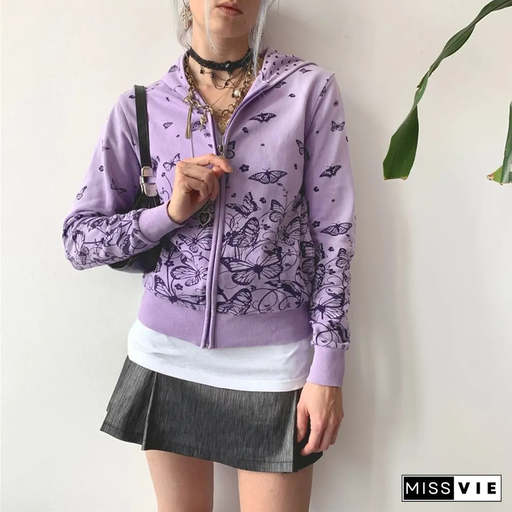 Butterfly Coat-Aesthetic Fairycore Grunge Long Sleeve Crop Tops Y2k Women Hooded Jacket