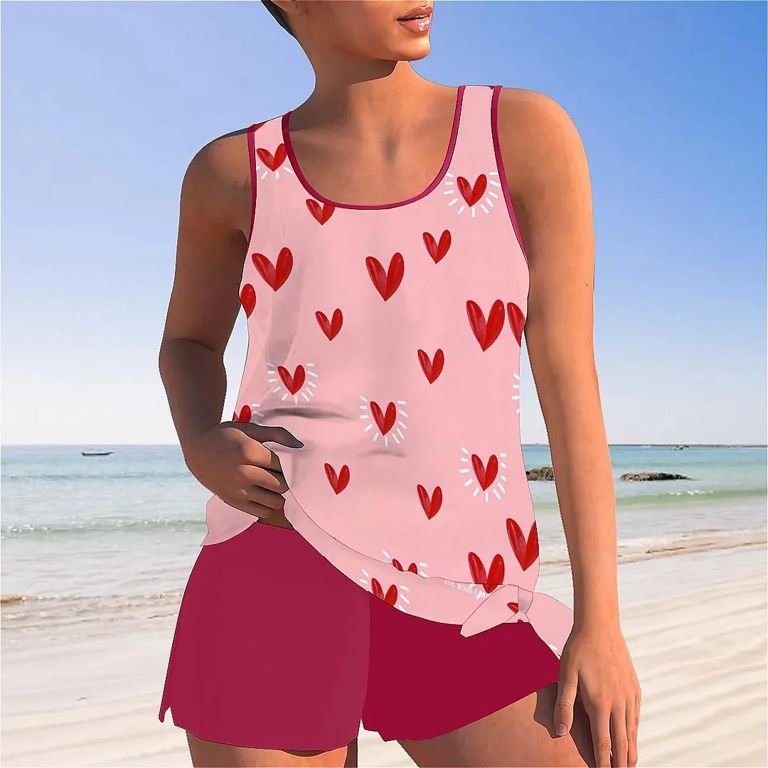Bowknot Heart,Love,Valentine's Day Mid Waisted Tankini Set - Plus Size Available
