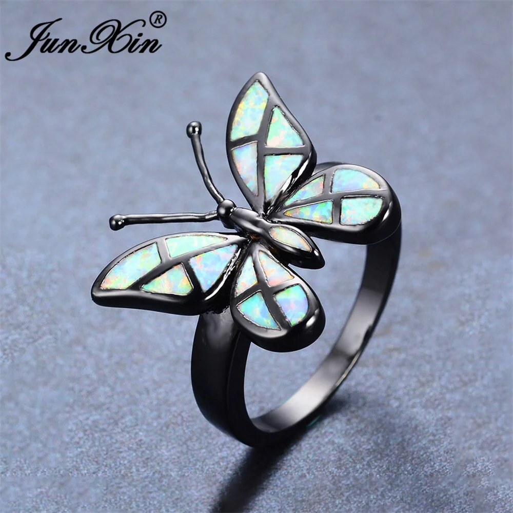 JUNXIN Brand Female Butterfly Ring 2017 Fashion White Fire Opal Ring Black Gold Filled Jewelry Vintage Wedding Rings For Women