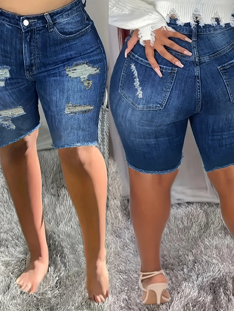 Women's Ripped Raw Hem Denim Shorts, Slim Straight Fit, Solid Color Street Style Jean Shorts For Summer, Versatile Casual Fashion For Daily Wear, Going Out