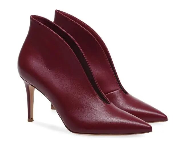 VCSHOES Women Leopard Pointed Toe Shallow V Open Ankle Boots Female Burgundy Leather Thin Heels Party Short Booties Shoes