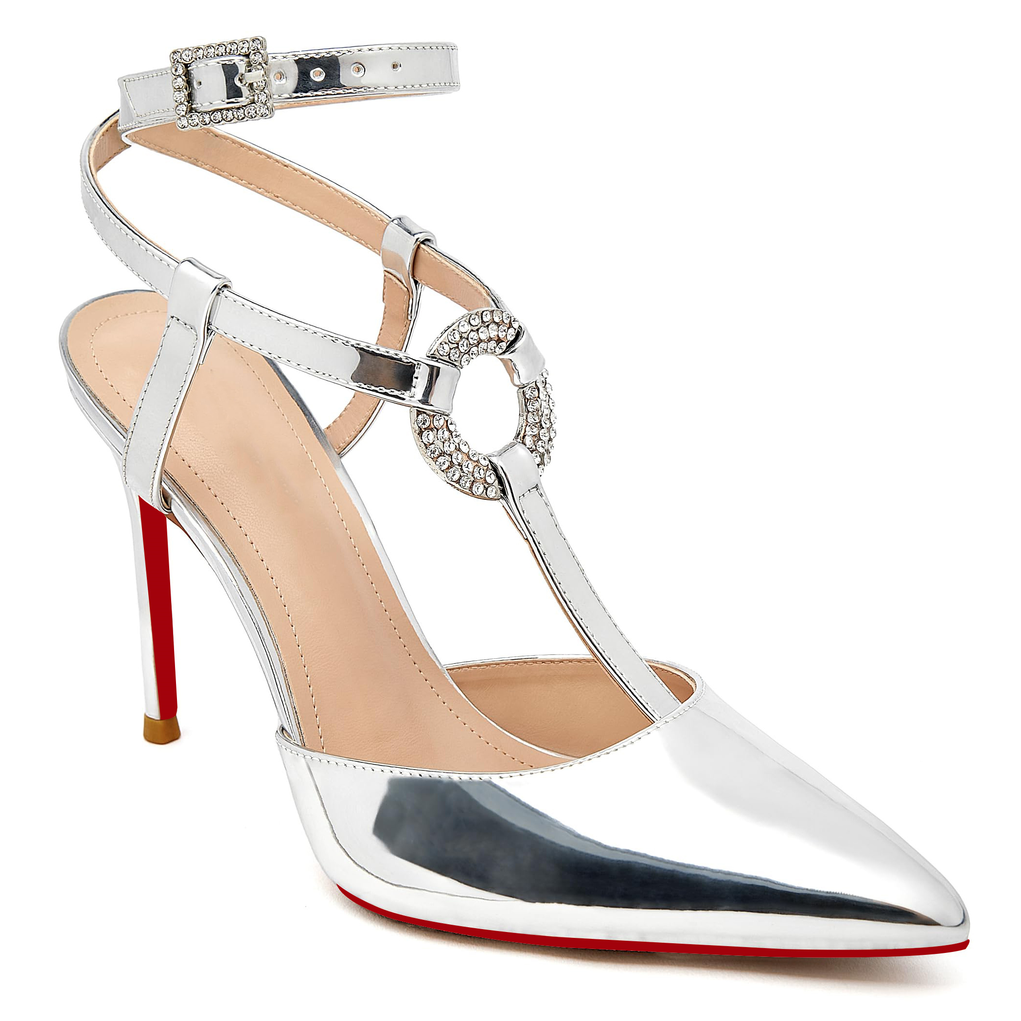 100mm Women Slingback Red Bottoms  Pumps Ankle Strap Jenlove Stiletto High Heel Diamond Close Pointed Toe Dress Patent Shoes-MERUMOTE