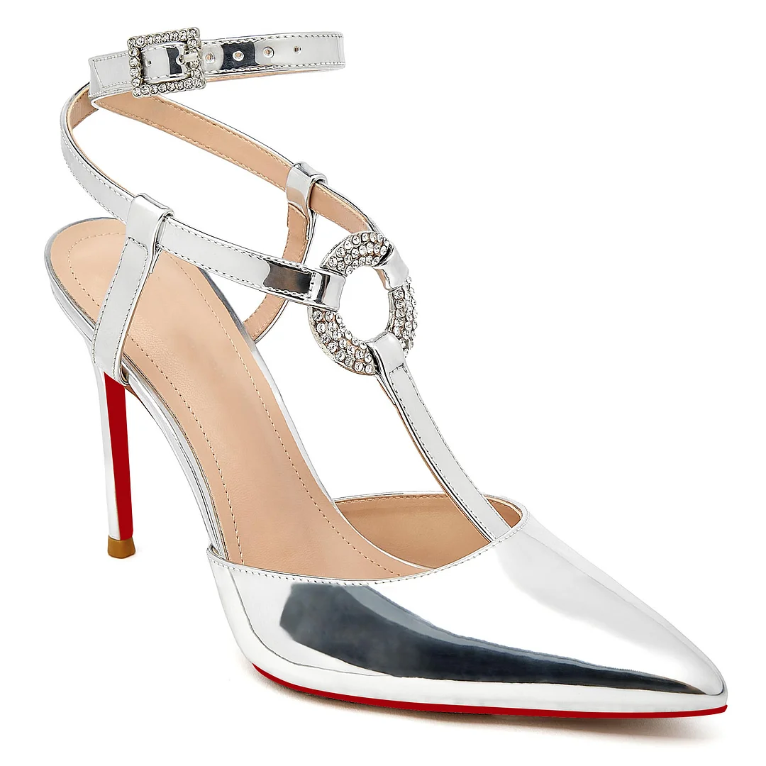 100mm Women Slingback Red Bottoms  Pumps Ankle Strap Jenlove Stiletto High Heel Diamond Close Pointed Toe Dress Patent Shoes-MERUMOTE