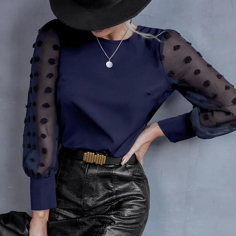 Solid Women Tops And Blouses Fashion Patchwork O Neck Long Sleeve Office Work Lady Casual Plus Size Elegant Shirt Female Blusas