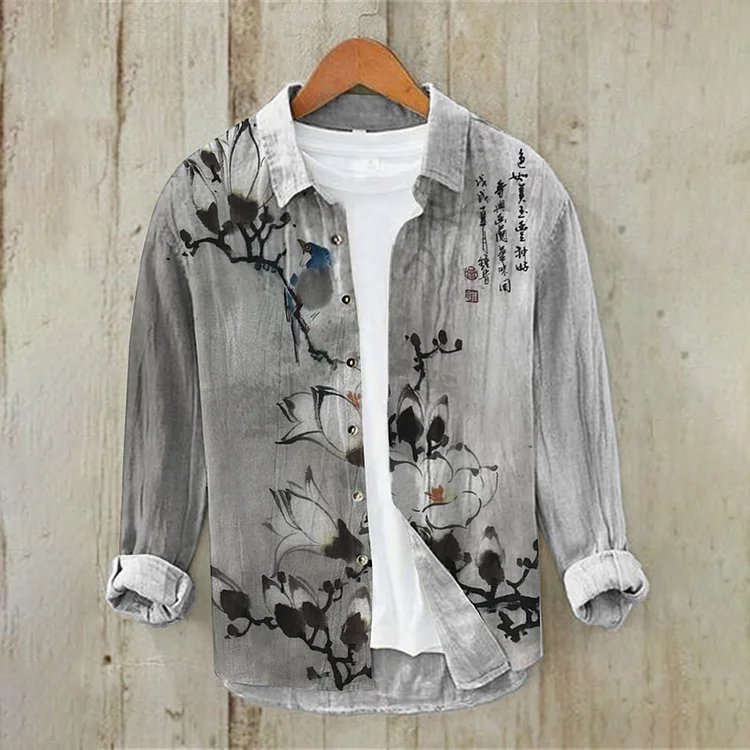 Comstylish Men'S Floral Ink Painting Vintage Cotton And Linen Shirt