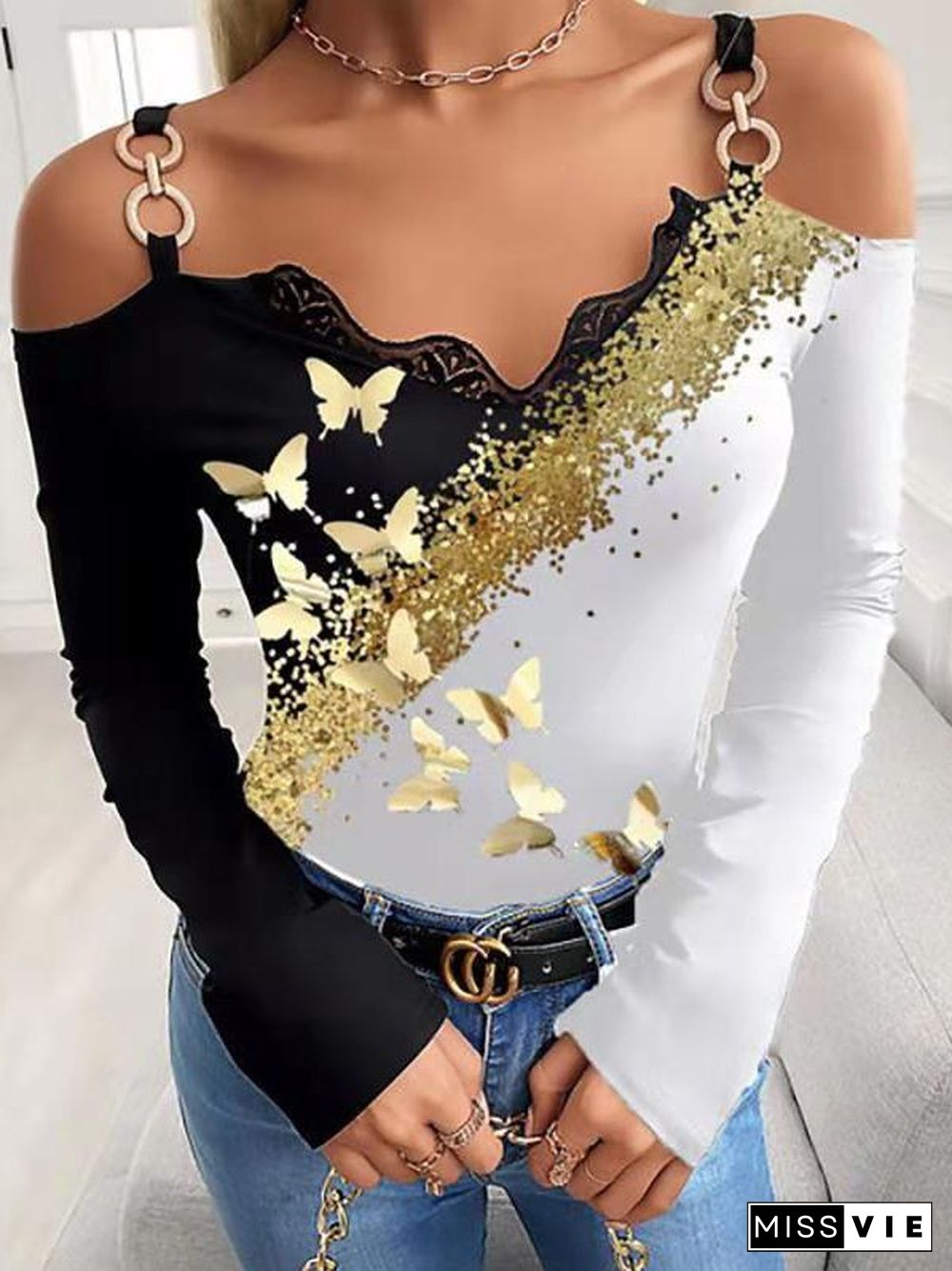 Off Shoulder Hot Stamping Butterfly Top