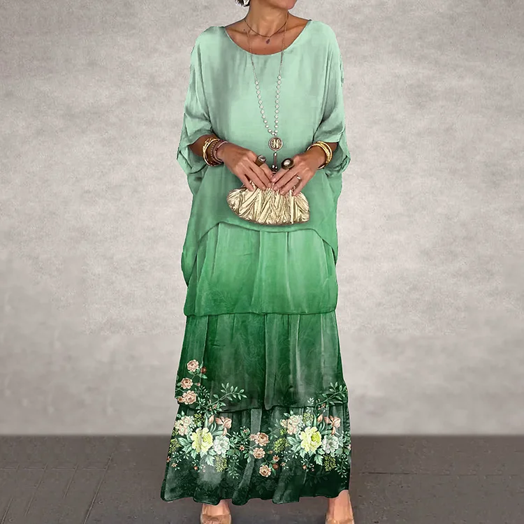 VChics Flower Print Gradient Color Elegant Casual Long Sleeved Maxi Dress
