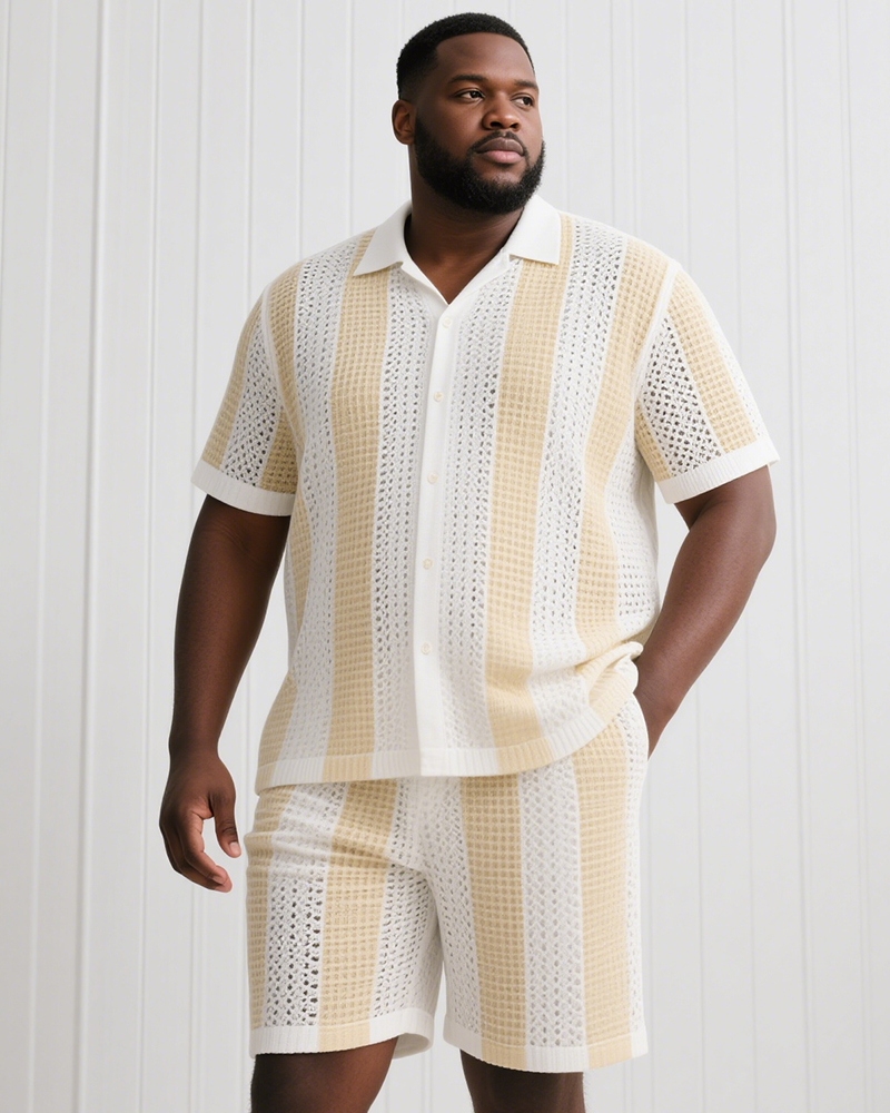 Men's Plus Size White Yellow Striped Knit Shirt Shorts Suit