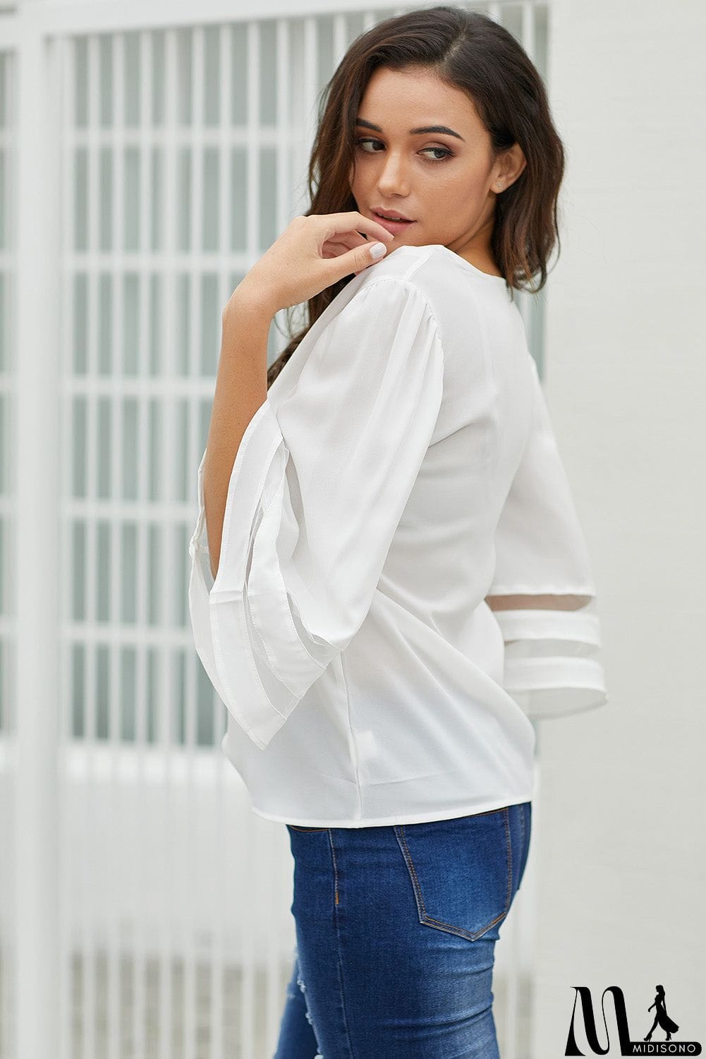 MidiSono - White Flare Sleeve V Neck Loose Women's Chiffon Blouse