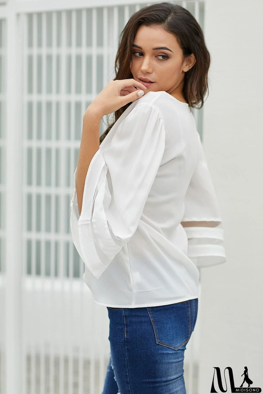 MidiSono - White Flare Sleeve V Neck Loose Women's Chiffon Blouse