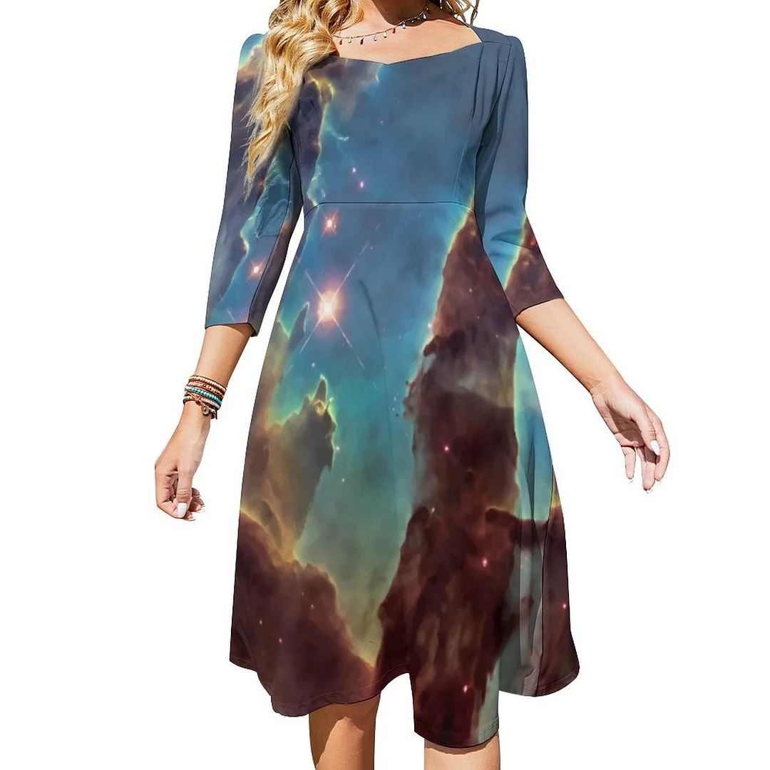 Pillars Of Creation From Hubble Telescope Dress Sweetheart Tie Back Flared 3/4 Sleeve Midi Dresses