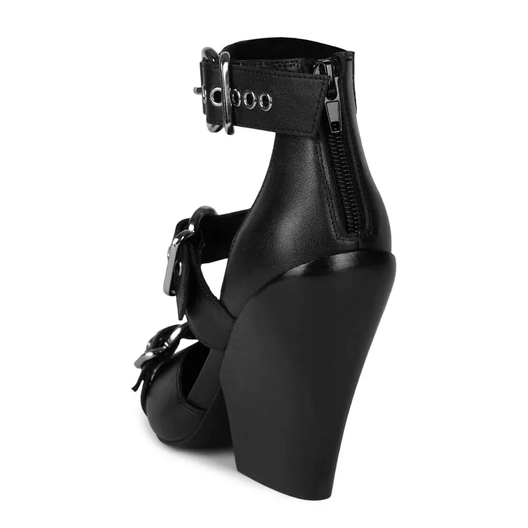 Vegan Leather Square Toe Grommets Strap Black High Heels with Buckle