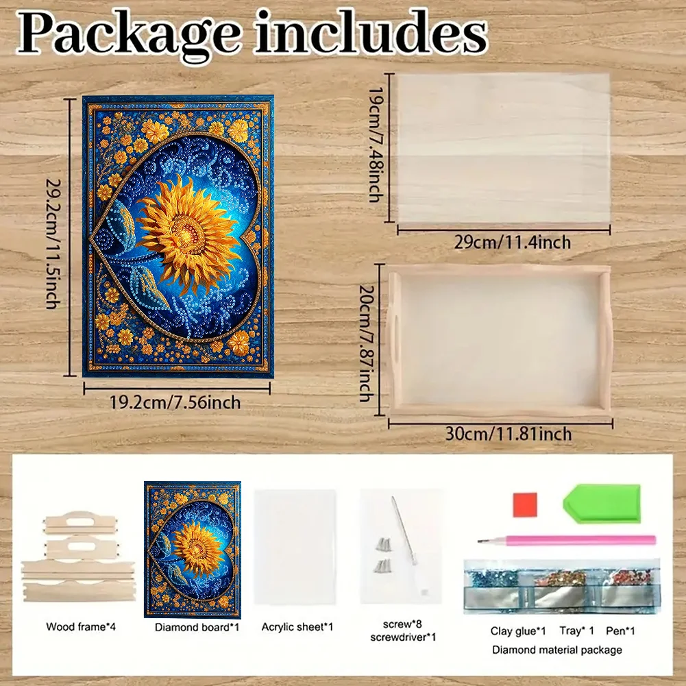 Wooden Night Sunflower 5D Diamond Painting Tray Art Craft with Handle for Desk