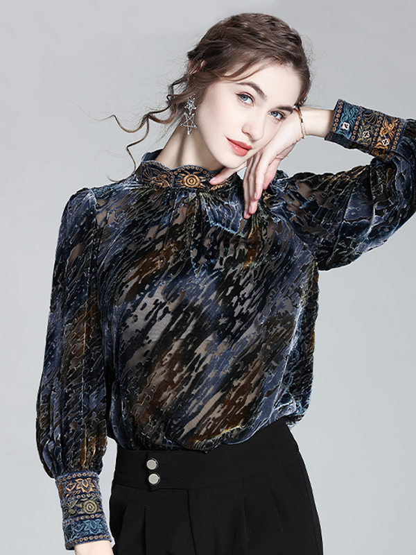 Vintage Embroidered Silk Velvet Blouse-Real Silk Life