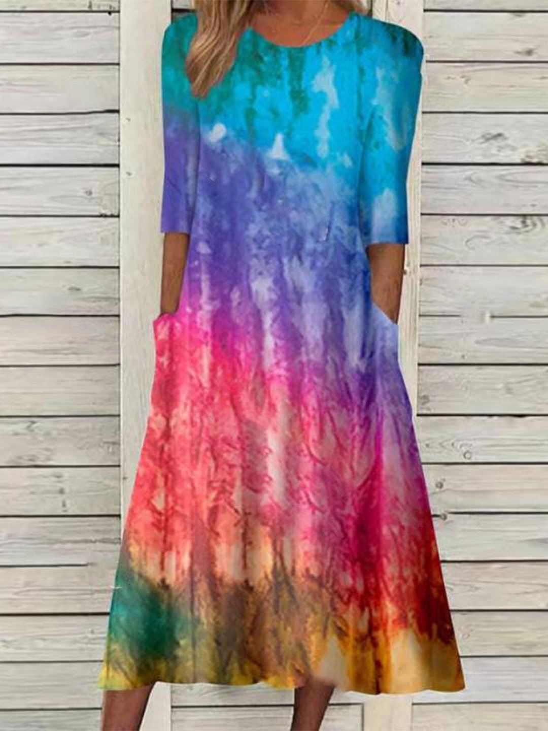 Women Casual Short Sleeve Round Neck Tie-dye Printed Midi Dress with Pockets