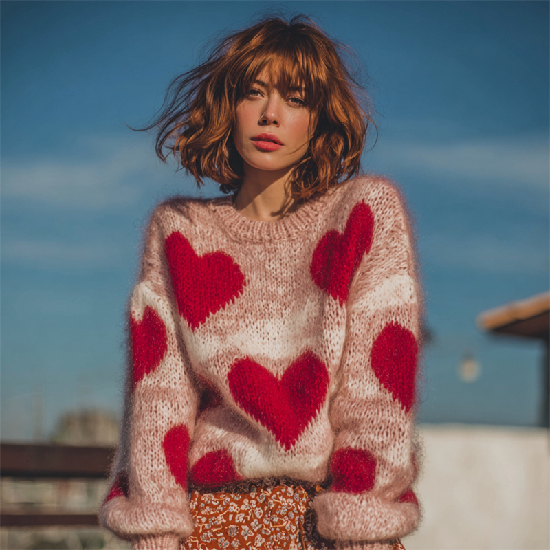 Vintage Valentine's Day Hearts Cozy Heather Knit Sweater wearshes