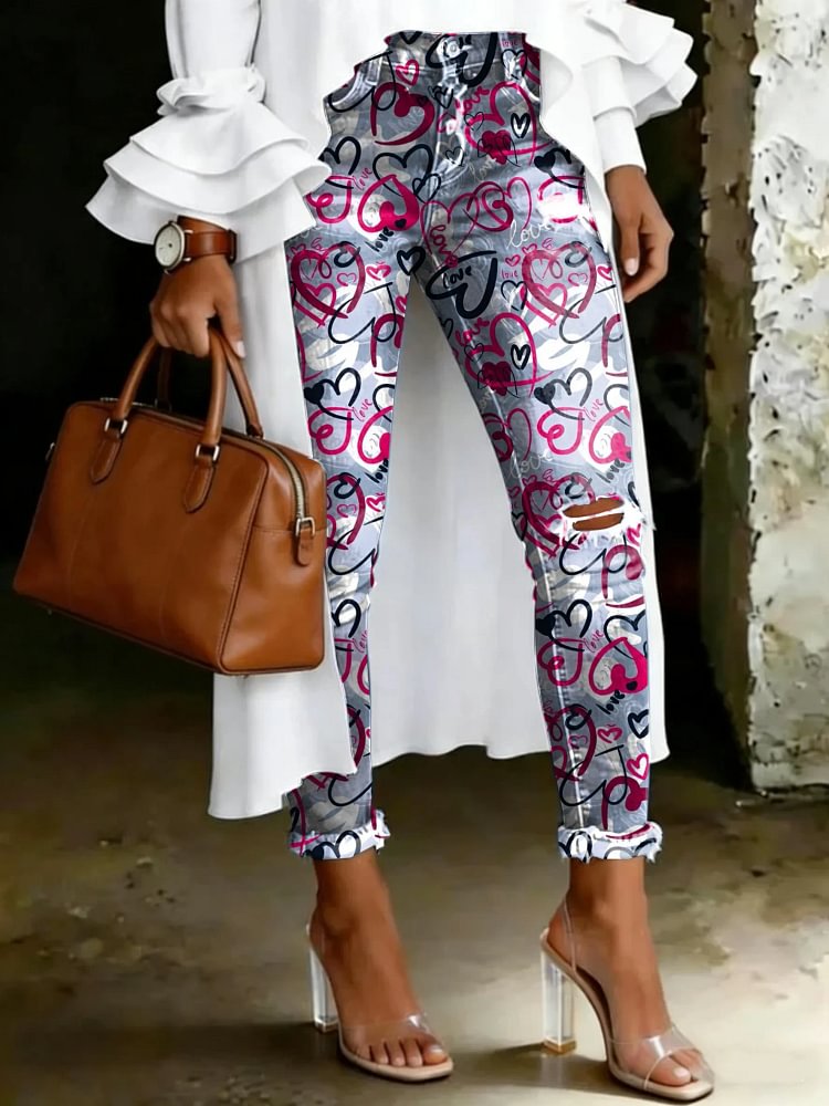 Women's Vintage Multicolor Love Totem Print Casual High-waisted Ripped Skinny Jeans