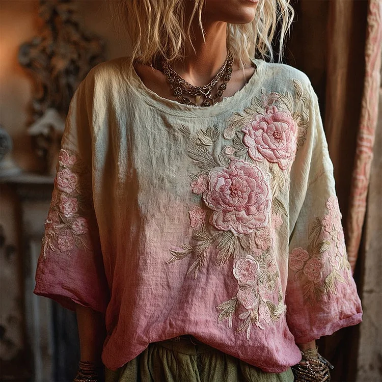 Vintage Rose Gradient Art Linen Three-quarter Sleeves Shirts