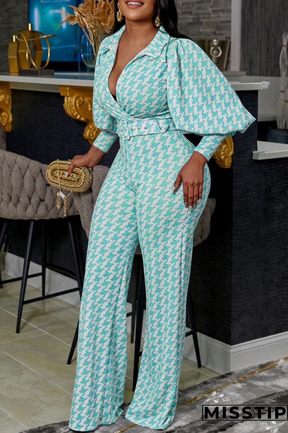 Blue Casual Print Patchwork With Belt Turndown Collar Long Sleeve Two Pieces