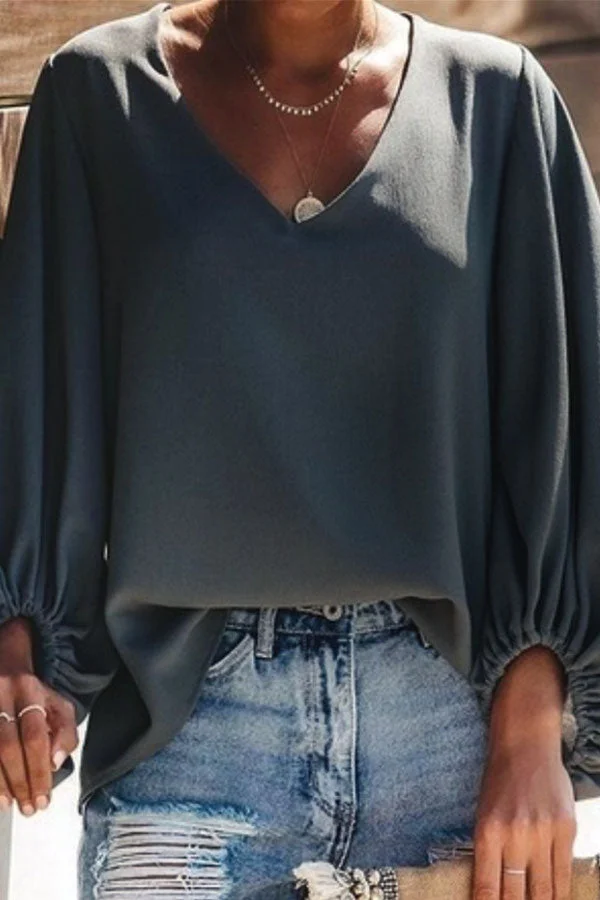 Plain V-neck Chiffon Blouse With Lantern Sleeves