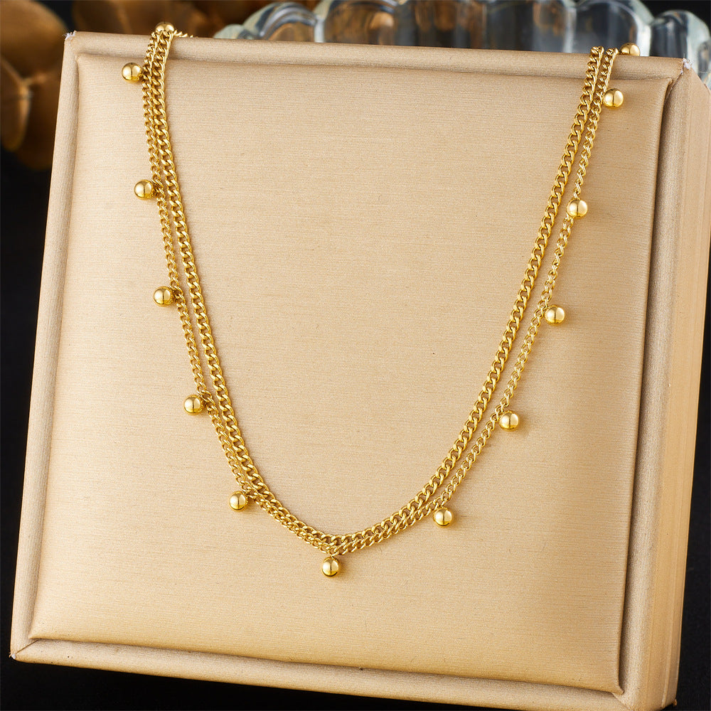 Korean Style Fashion Simple Versatile Stacking Double-Layer Round Bead Chain Stainless Steel Gold-Plated Plain Chain Necklace For Women