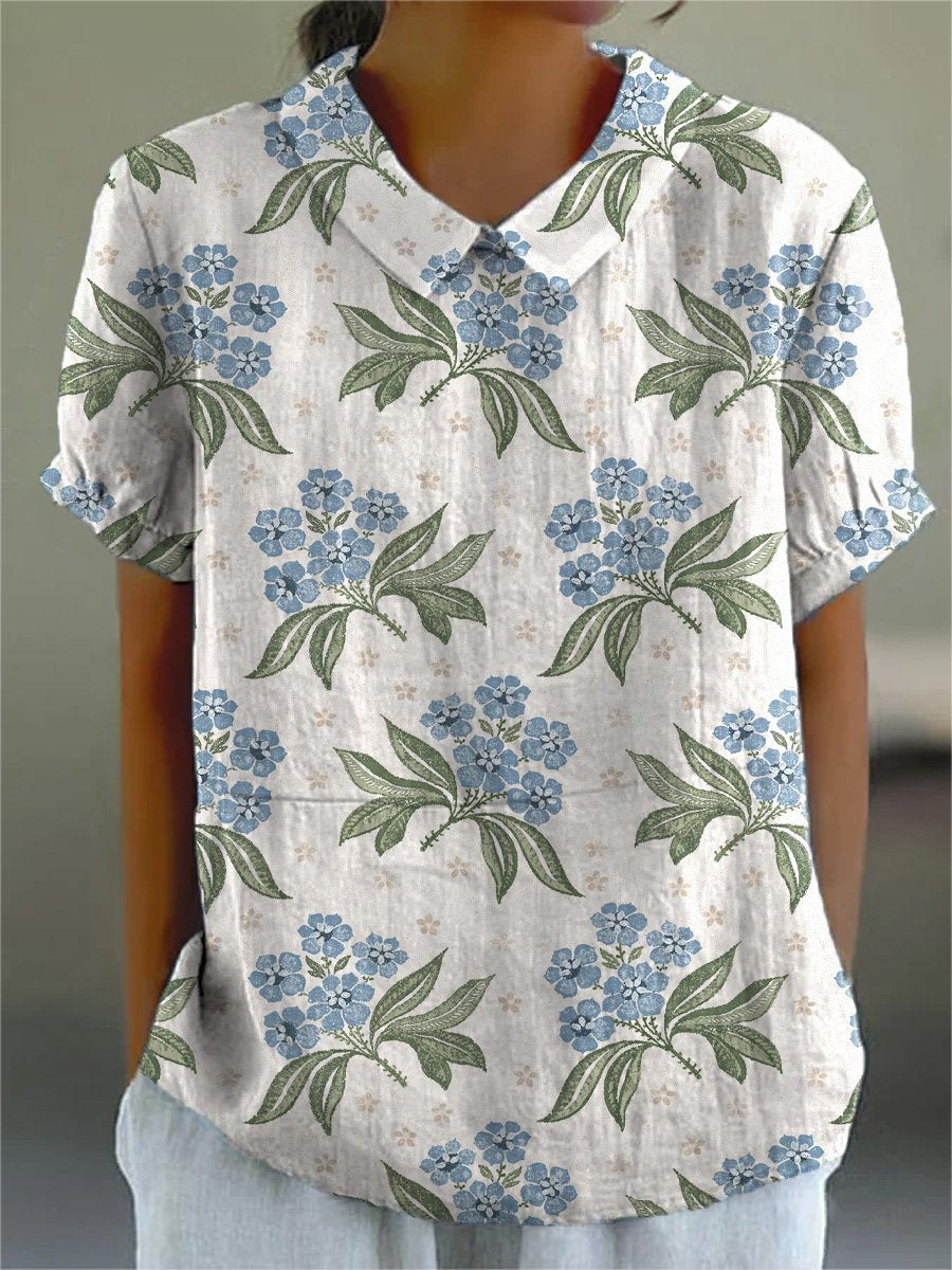 Spring Blue Hydrangea Floral Pattern Printed Women's Casual Cotton And Linen Shirt