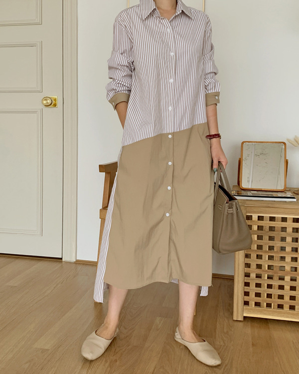 Stripe Asymmetrical Patchwork Long Sleeve Maxi Dress